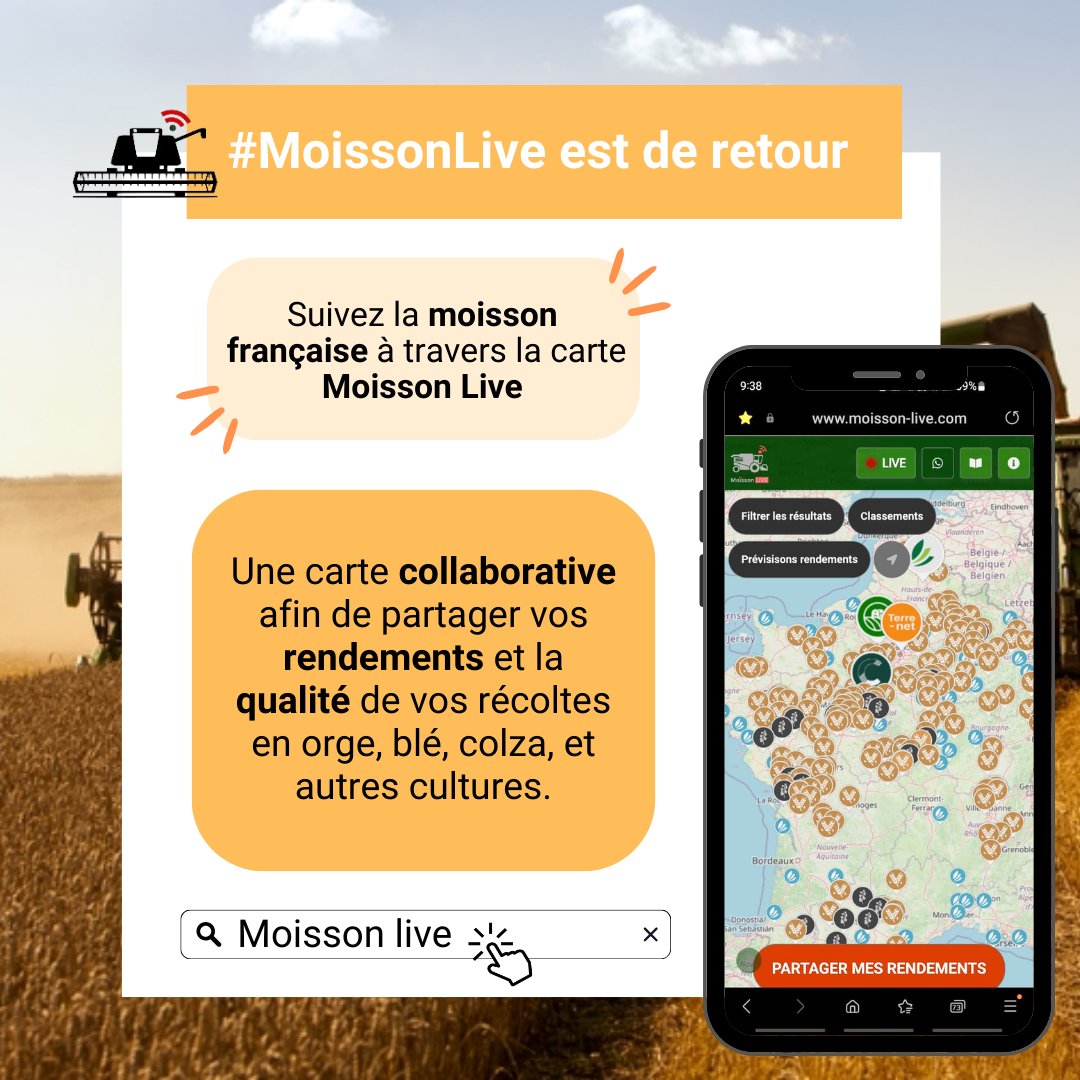 Moisson Live est de retour !

Nous sommes ravis de collaborer de nouveau avec  <a href="/TerrenetFR/">Terre-net.fr</a>, <a href="/sencrop/">Sencrop, la météo connectée à vos cultures 🌡️❄️🌦</a> et <a href="/Farmr/">Farmr.</a>
Rejoignez-nous et partagez vos résultats en suivant ce lien : 👉moisson-live.com.

Bonne moisson à tous ! 🤝
<a href="/cereapro/">Cereapro.com</a>  #Moisson2024