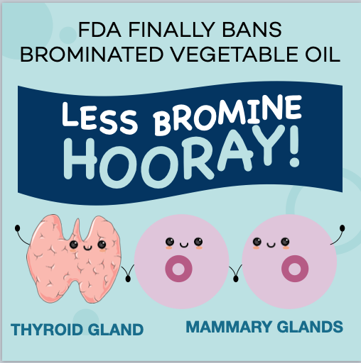 drcateshanahan's tweet photo. At last! Some good news from the FDA. They've finally banned brominated vegetable oils from most beverages. 

Brominated vegetable oils are added to prevent citrus drinks from separating.  However, bromine has been linked to cysts and dysfunction in the thyroid and mammary glands. This is likely due to the bromine ion disrupting normal iodine processing within these organs. 

Both ions have a negative charge of one and our body's enzymes and membrane transporters can get the two ions mixed up with problematic effects. 

Iodine is a nutrient. Bromine is not and can promote oxidation and oxidative stress in our cells with damaging effects at levels as low as 0.1 parts per million.

Whether you drink these sorts of beverages or not, you can still develop cysts in these glands due to low dietary iodine and/or high bromine intake from other processed ingredients, like brominated flour. (Among other factors, such as coffee or large amounts of dairy fat)

In my experience, high-iodine foods can help alleviate painful breast cysts and help restore thyroid function, too! 

I usually recommend dulse seaweed see my supplements page by visiting my website then click on the search icon and type "recommended supplements" also the link is in the first comment below.