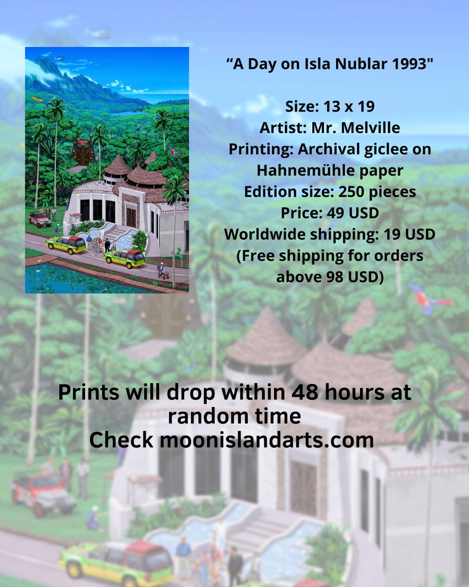 MoonIslandArts's tweet photo. We’re so excited to finally release our Jurassic Park print!

🚨 Prints will drop randomly in our store within the next 48 hours, so stay tuned!

📦 Free worldwide shipping on orders $98+ (otherwise its $19) and all deliveries within Japan are free. #JurassicPark #jurassicworld https://t.co/a1ajrDUVGl