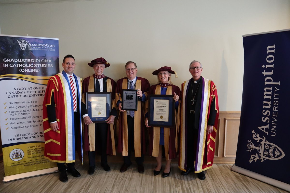 assumption_u's tweet image. Congratulations to Dr. John Beck, Founder and Chairman of Aecon Construction, Dr. Veronique Mandal, Coordinator and Professor at St. Clair College, and Dr. Dan Andreae. All three of the honourees serve as an inspiration to the Class of 2024.