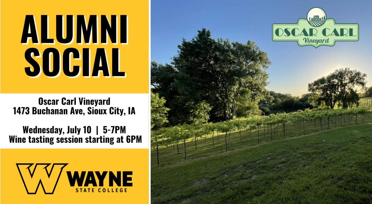 AlumniWSC's tweet image. Join us for an evening of reconnecting with fellow Wildcat alumni and friends at Oscar Carl Vineyard in Sioux City, Iowa!
The evening will feature a wine tasting session starting at 6 p.m. Appetizers will be provided. Grab a friend and join us for a Wildcat-filled evening!