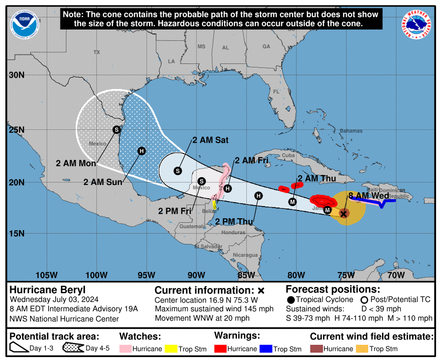 SkyAlertStorm's tweet photo. Actualización huracán #Beryl
🔹Sigue como categoría 4 con vientos de 230 km/h.
🔹Se ubica a 200 km al sureste de Kingston, Jamaica🇯🇲 y más de 1,300 km al sureste de #QuintanaRoo.

Fuertes vientos en altura han desorganizado la nubosidad y se prevé que se debilite un poco más después de su interacción con tierra (Jamaica).

🔹Tocaría tierra durante la madrugada del viernes entre #Tulum y #Chetumal (la trayectoria final seguirá ajustándose). 
🔹Para las primeras horas del sábado emergerá al Golfo de México donde posteriormente se reintensificaría a huracán con posible rumbo a #Tamaulipas durante la noche del domingo o primeras horas del lunes (aún con incertidumbre intensidad y trayectoria). 

⚠️La población cuenta con 2 días completos para realizar preparativos en la Península de Yucatán⚠️