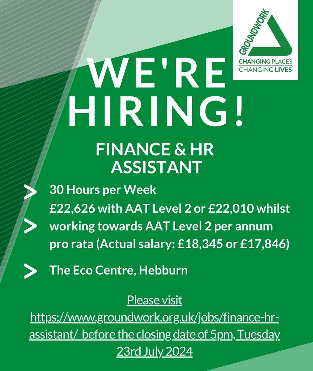 WE'RE HIRING!

Our Corporate Services Team are looking for a Finance &amp; HR Assistant to join their team!

We are looking for someone keen to learn new skills and grow with us!

For more information, visit groundwork.org.uk/jobs/finance-h…
