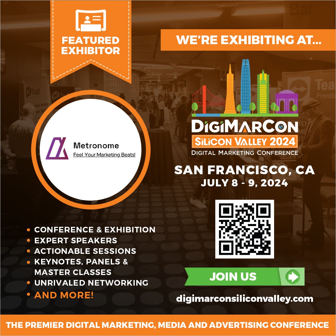 DigiMarCon's tweet image. We&apos;re proud to announce that Metronome Beats will showcase at #DigiMarConSiliconValley 2024, July 8th to 9th, 2024 at the Westin San Francisco Airport Hotel in San Francisco, California. Visit their booth and register now. digimarconsiliconvalley.com #DigiMarCon