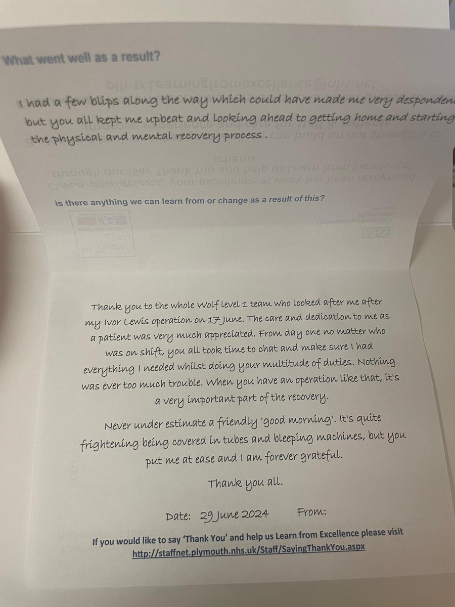 Fantastic feedback for team Wolf. Well done all, very well deserved  👏 <a href="/o_surgery/">O.U.C.H.surgery 🌈</a> <a href="/Nickymetty/">Nicky Metcalfe</a> <a href="/HannahRN91/">Hannah</a> <a href="/DerrifordNurses/">UHP Nursing 💙</a> <a href="/UHP_NHS/">University Hospitals Plymouth NHS Trust</a>