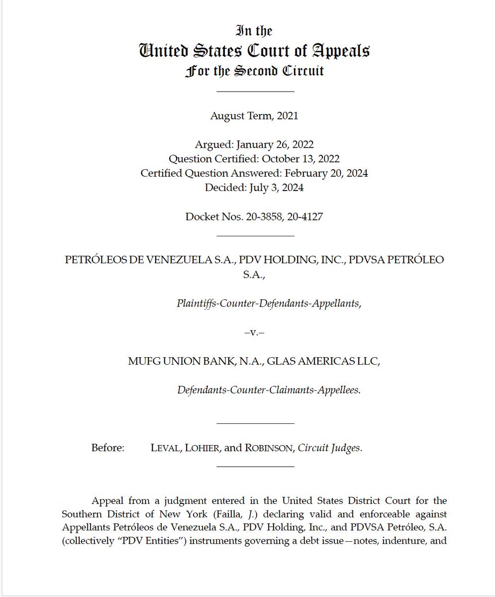 ignandez's tweet image. En una histórica sentencia, la Corte del Segundo Circuito de Nueva York declaró con lugar a apelación presentada por #PDVSA, al considerar que la Constitución rige la validez de los Bonos 2020. 

El juicio comenzará de nuevo, y tardará meses -o años- en ser decidido.