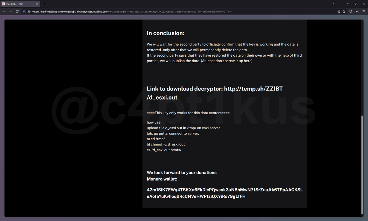 c4pt1kus's tweet photo. Grup ransomware Brain Chiper sudah mengupdate postingannya dengan link download decryptor beserta cara penggunaannya.Mereka klaim berhasil meng-encrypt ribuan TB. π
#ransomware #brainchiper https://t.co/IYrirYiBaG