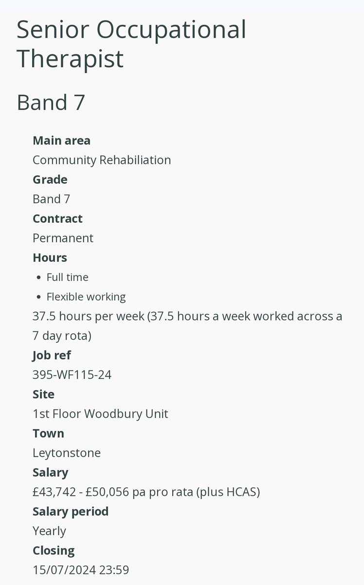 🟢 Senior Occupational Therapist- vacancy!

Please take a look and reach out if you want a conversation with the team first. 📞

#AHPcareers #AHP 

careers.nelft.nhs.uk/jobs/#!/job/UK…