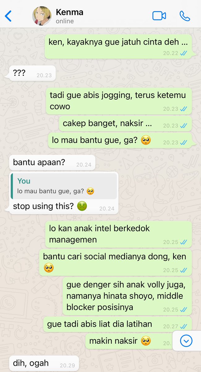 jowrvy's tweet photo. kenhina ft kurotsuki fanfiction

cw // harsh words

kuroo minta bantuan kenma untuk mencari akun social media gebetannya, namun tak disangka jika kenma pun naksir juga. https://t.co/zunfJUZk0v