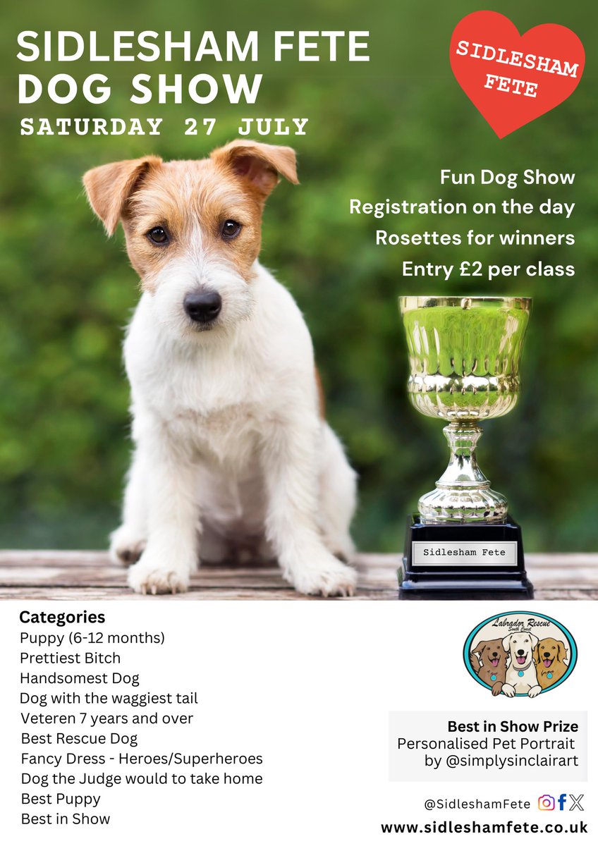sidleshamfete's tweet photo. #SidleshamFete Dog Show - Sat 27 July Register on the day. £2 / category. Bring your pet and come &amp; share in the fun. Rosettes for the winner of each category 
#Sidlesham #Selsey #witterings #brackleshambay #chichester #dogshow #fair #sussexdogs #sussexlife #dogwalk #sussexvet https://t.co/2WZ4fZvtB0