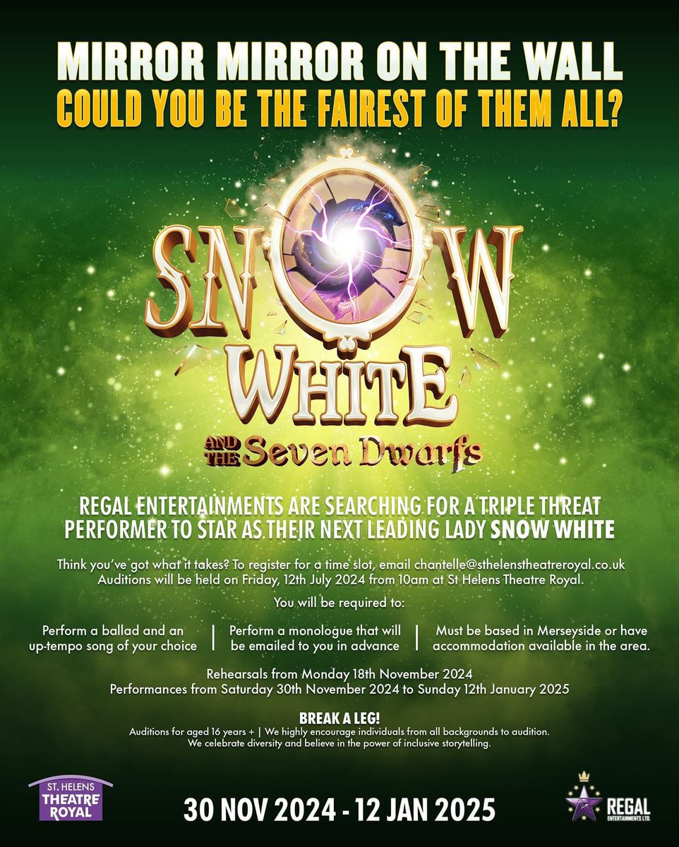 CASTING! OPEN AUDITIONS! Could you be Regal Entertainment’s next leading lady? We’re holding open auditions to find the perfect Snow White for our biggest Christmas Pantomime yet! More information below! 👇🍎 #Auditions #SnowWhite #Pantomime #TripleThreat #StHelensTheatreRoyal