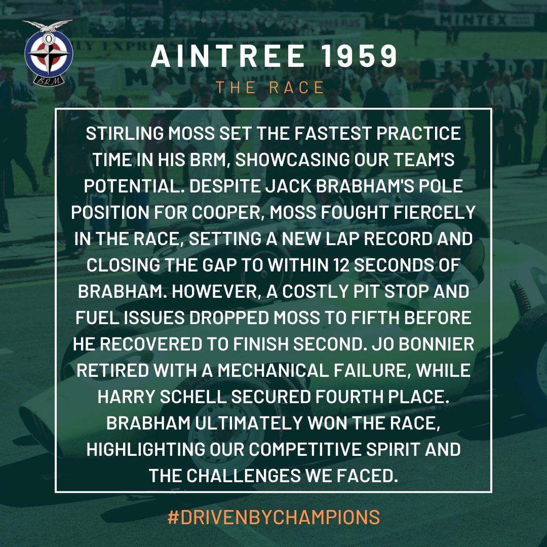 To celebrate the British Grand Prix this weekend, we will be posting some of our finest moments at the British Grand Prix from our years competing in Formula One, starting with the 1959 Grand Prix at Aintree. 
#BRM #Drivenbychampions #BritishGrandPrix #F1 #Motorsport