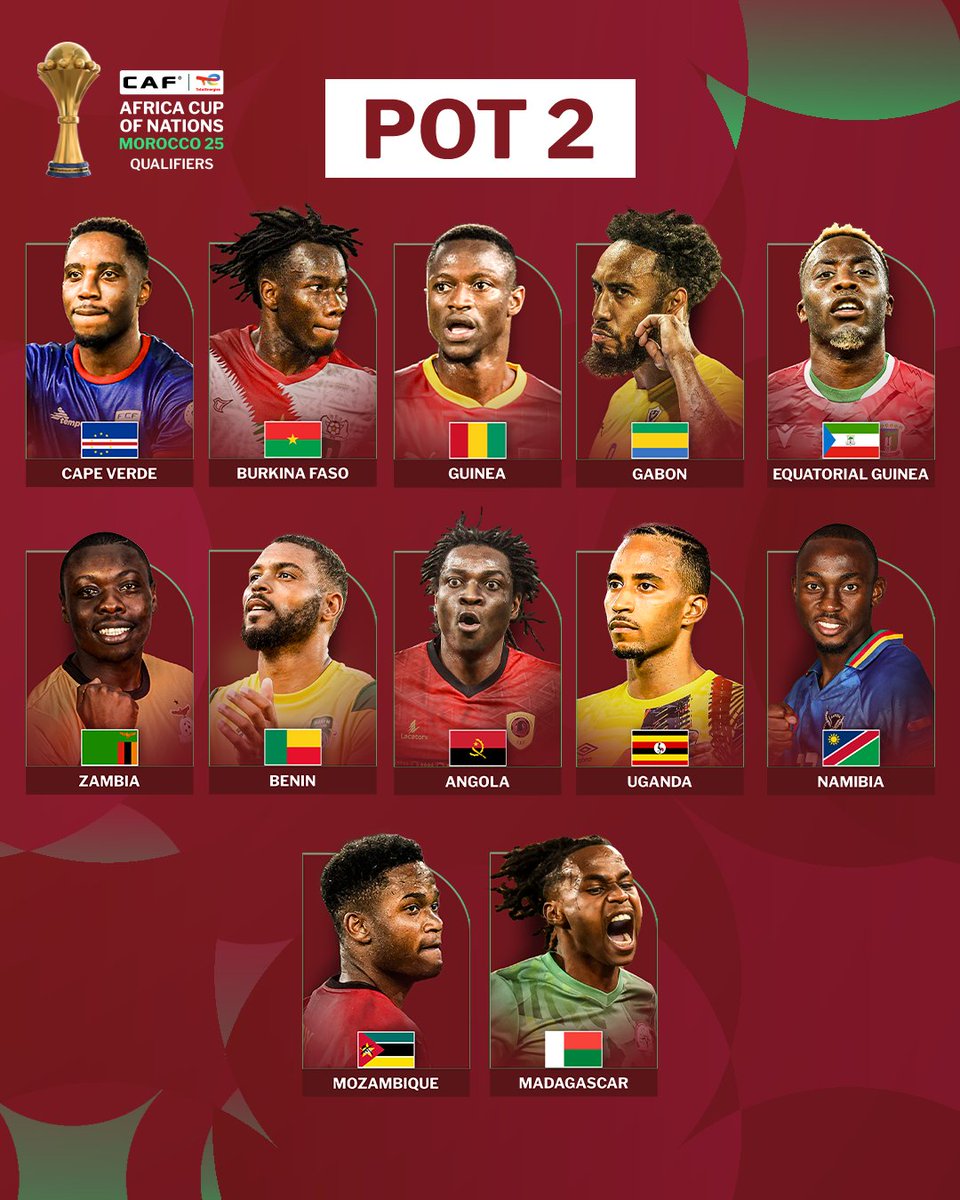 CAF_Online's tweet photo. Presenting to you the pots for the #AFCONQ2025 qualifiers. 🤩 https://t.co/mnOy97RBWk
