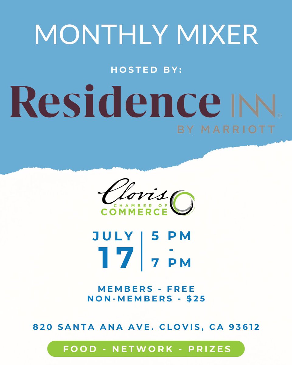 Join us for our Monthly Mixer on July 17th from 5 PM to 7 PM at the Clovis Residence Inn by Marriott. Connect with professionals, exchange ideas, and build relationships. Sign up at bit.ly/3R6BzRI

#Clovischamber #clovisca #businessnetworking #businessengagement