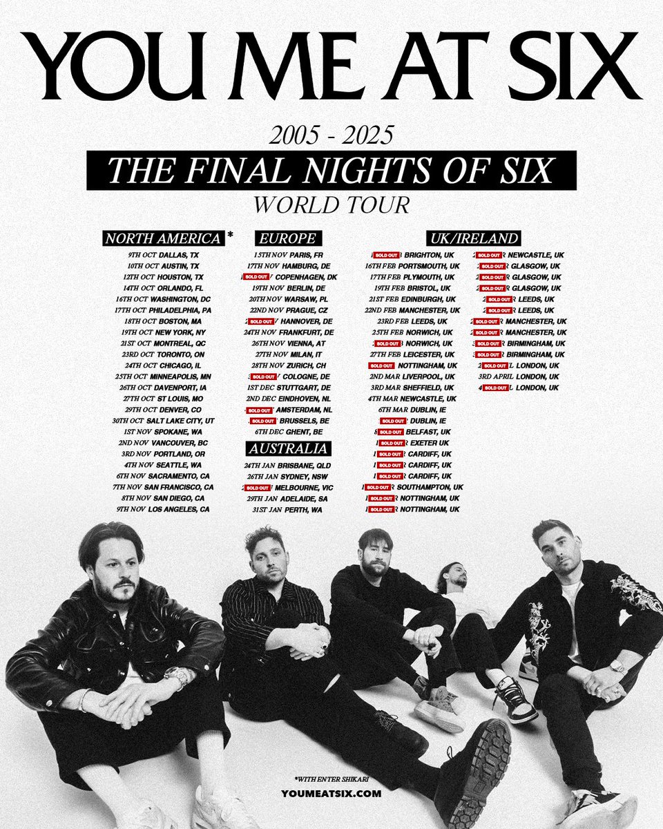 youmeatsix's tweet photo. The Final Nights of Six World Tour 🌎✈️ 

Kicking off in Dallas Oct 9th and finishing in London on April 4th. 
Tickets are on sale now 🖤

https://t.co/tstNais5yk https://t.co/FofKrnKFdR