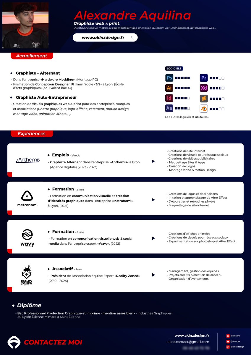 akinzyo's tweet image. Suite à la fin de ma formation en Concepteur Designer UI (Bac +3),   

📌 Je suis toujours à la recherche d’une entreprise pouvant m’accueillir à un poste de « Graphiste, Motion Designer, Animation 3D, Création site Web… »   

📷 akinzdesign.fr 

#RT x #FAV  
+ D’infos…