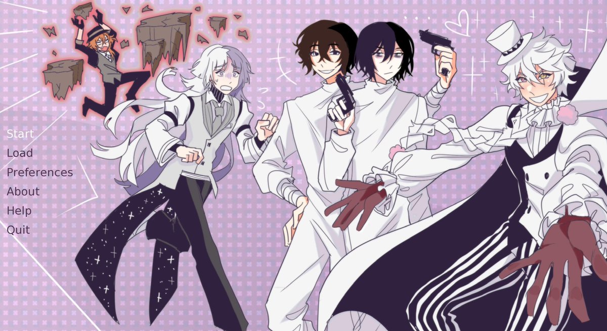 ryartchus's tweet photo. L'amour à Meursault, a short dating sim that takes place in Bungou Stray Dogs' prison 'Meursault'.

5 characters to choose from and 10 endings!

This game contains sensitive content typical of the BSD verse, please play at your own discretion.

Link in replies⏬ https://t.co/idYWGVf1Ou