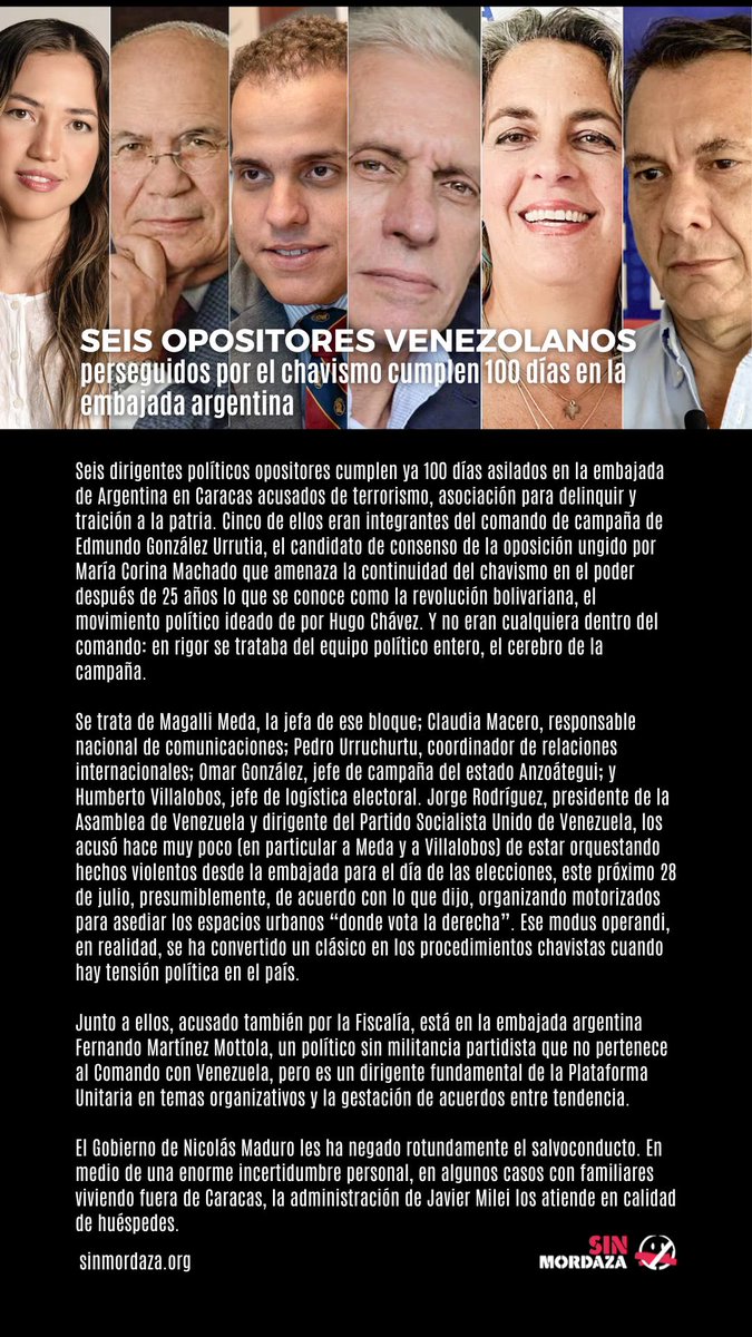 Sinmordaza's tweet image. Seis opositores venezolanos perseguidos por el chavismo cumplen 100 días en la embajada argentina

#OpositoresVenezolanos #PerseguidosPolíticos #VenteVenezuela #EmbajadaArgentina
