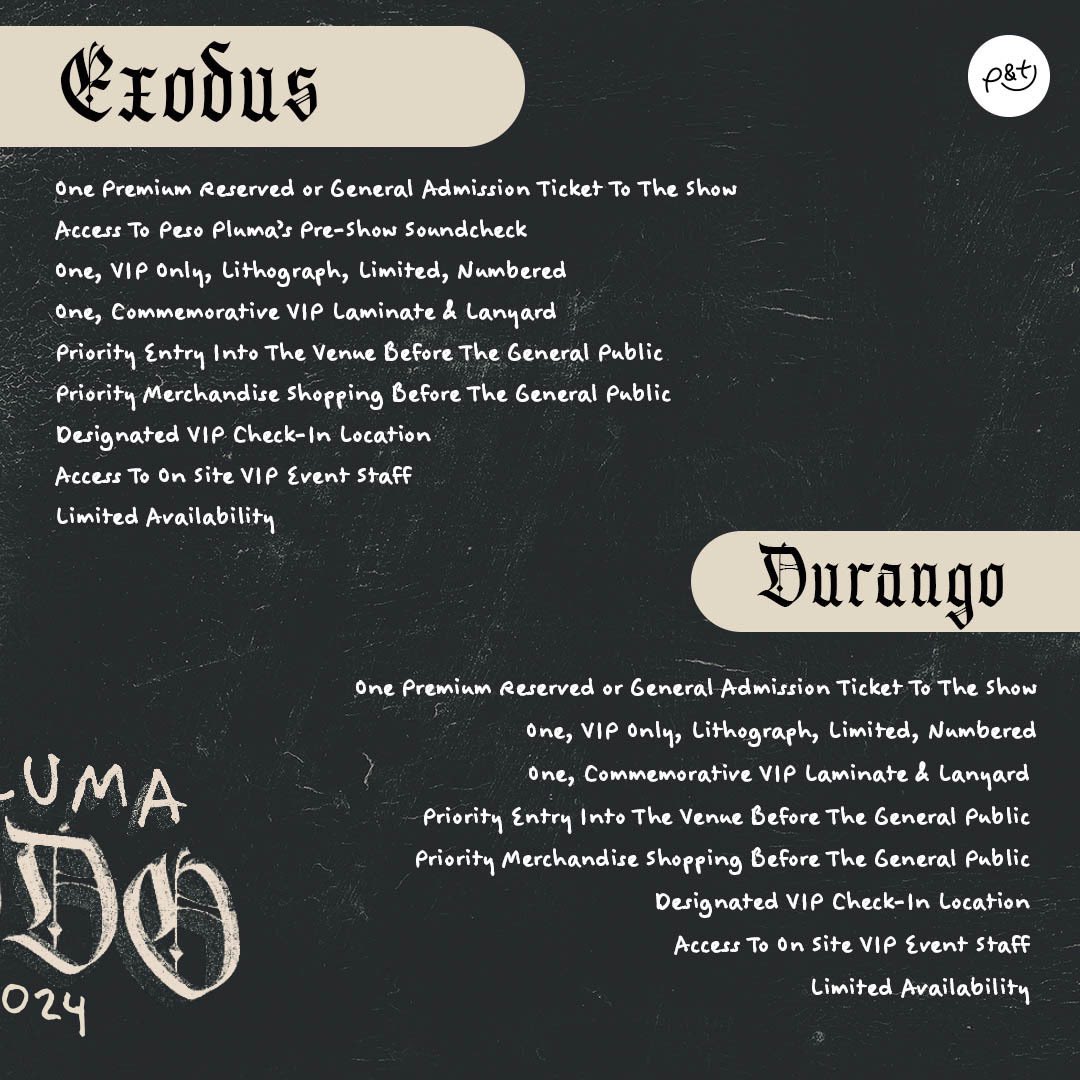 The final countdown to <a href="/_PesoPluma/">Peso Pluma</a>’s ÉXODO Tour is on 🥷🖤

VIP packages available now ❤️‍🔥 p-ty.co/PesoPlumaVIP20…
