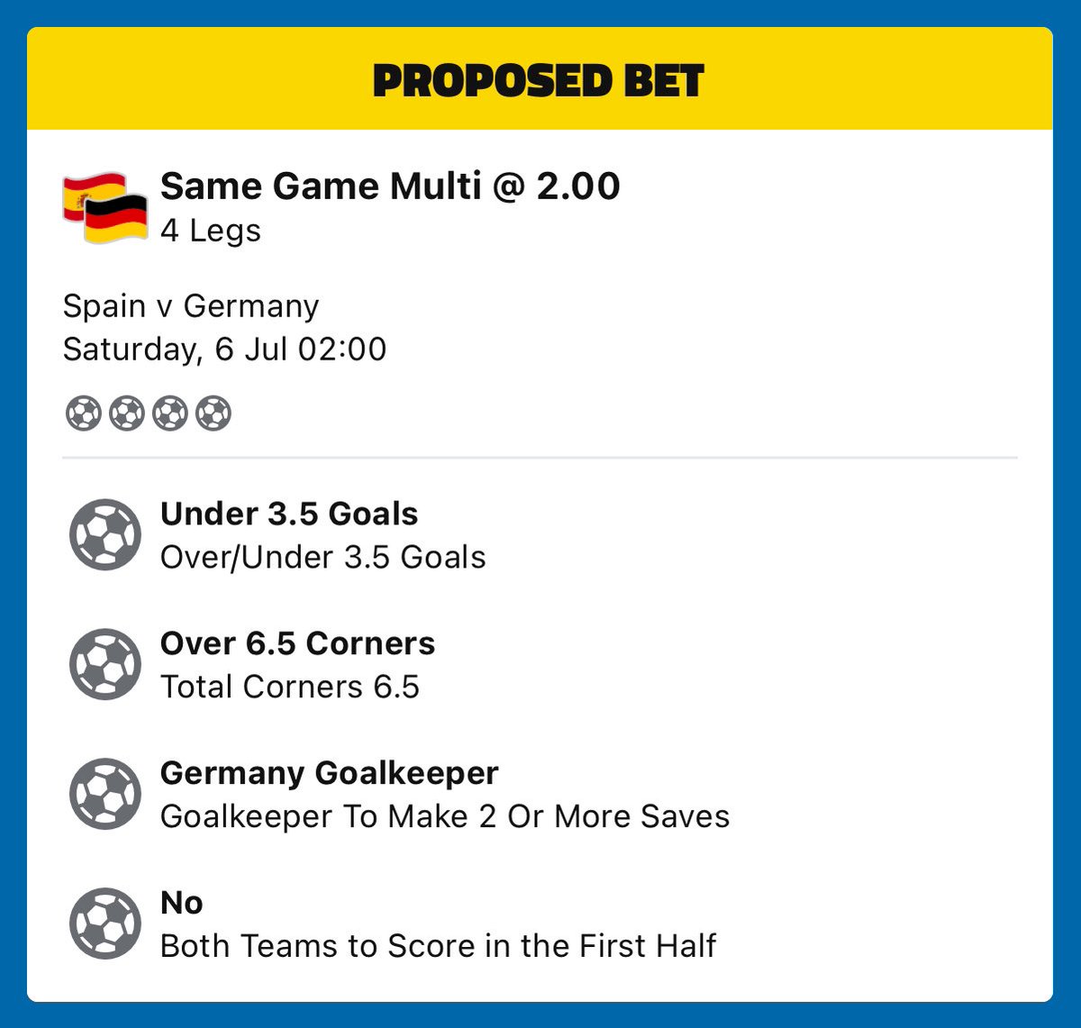 kreylbtw's tweet photo. FREE Spain vs Germany Euros play for the streets 🤫

LIKE IF TAILING 🫡

more at - https://t.co/jCQJR8i7Hr

#EURO2024 #SportsGambling #GamblingTwitter #GamblingX #SportsBettingX #Parlay https://t.co/b21YQoToxf