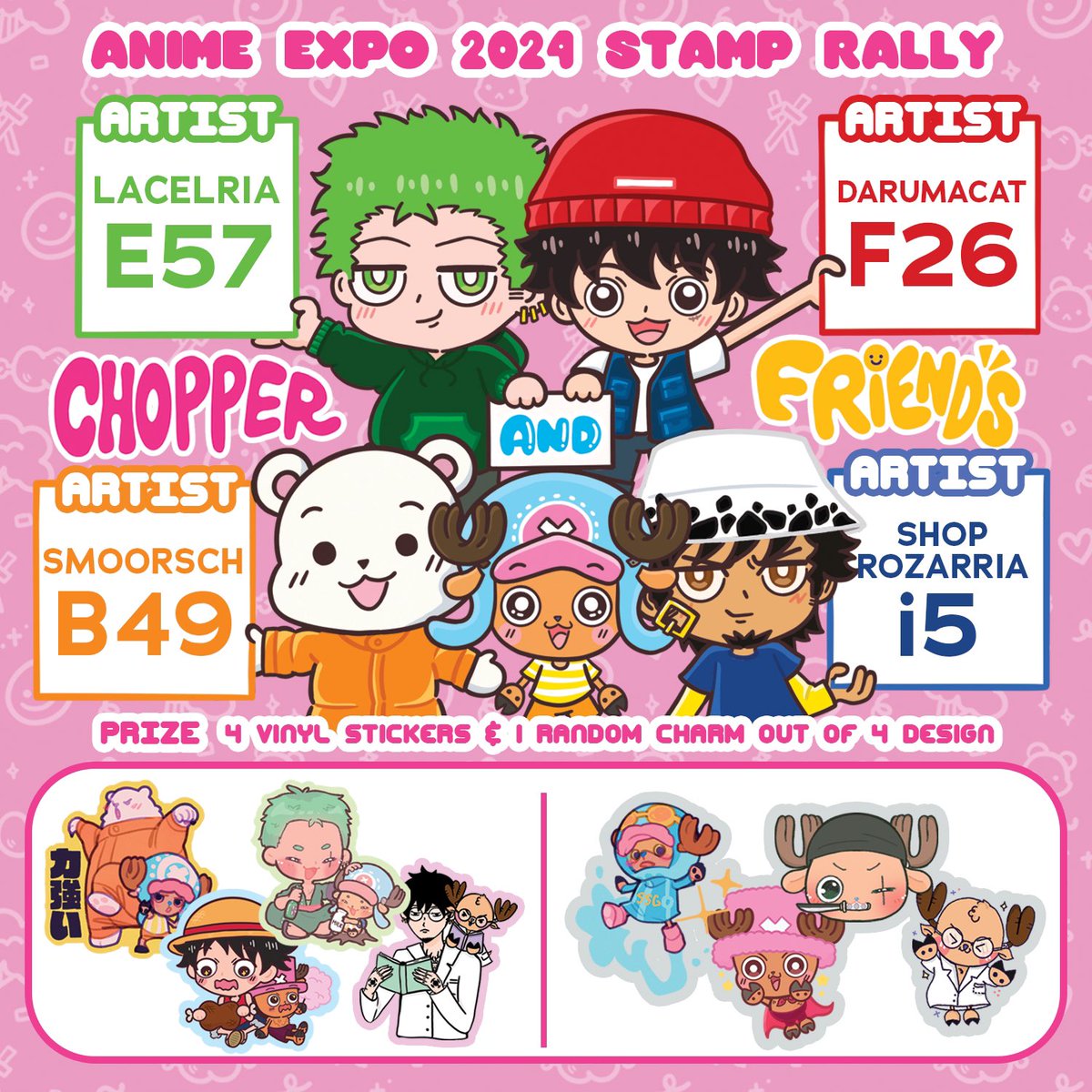 darumacato's tweet photo. Calling all Chopper fans 👏🏻👏🏻👏🏻 
Collect all 4 stamps to get a prize 💖✨

@lacelria - E 57 
@darumacato - F26
@smoorsch - B49
@rozarria - i5

See you all @AnimeExpo 🫡 https://t.co/zPecwnPqoN