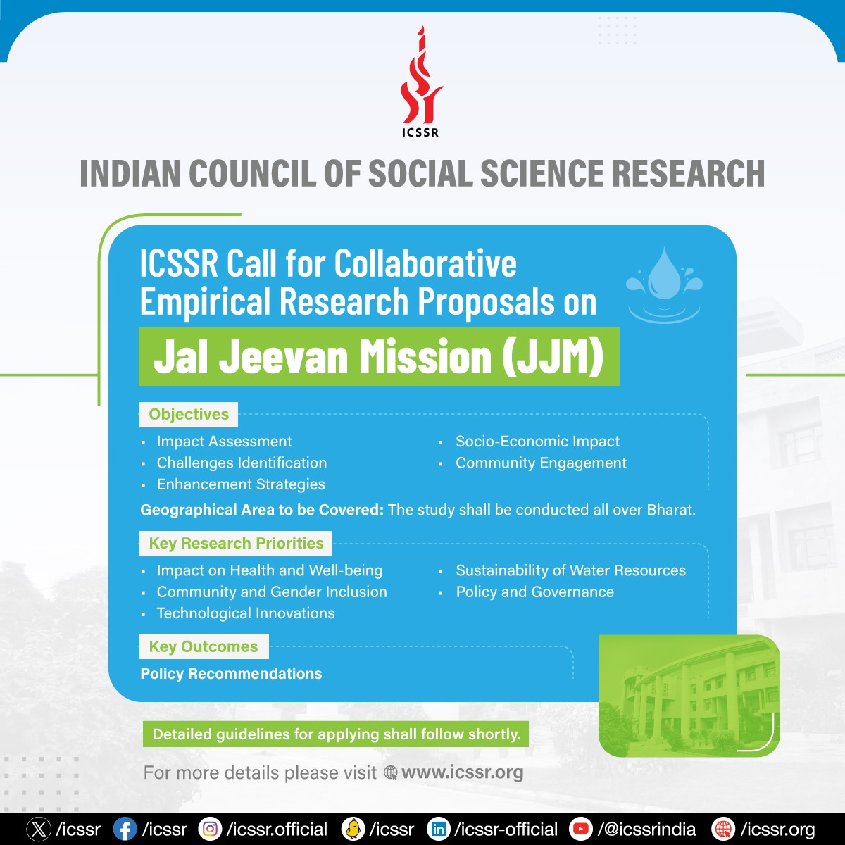 ICSSR Call for Collaborative Empirical Research Proposals on Jal Jeevan Mission (JJM)
icssr.org/call-jal-jeeva…

#JalJeevaan #water #research