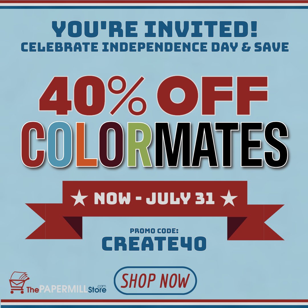 PaperMillStore's tweet image. 🟥⬜️🟦Happy #FourthOfJuly!! 🟦⬜️🟥

Save 40% on COLORMATES &amp;amp; add a burst of creativity to your #IndependenceDay!

🎇🎇🎇Claim your 40% DISCOUNT this #fourthofjulyweekend!

Promo code: CREATE40

(excludes Colormates Smooth &amp;amp; Silky, expires 7/31/24)

thepapermillstore.com/paper-mills/ct…