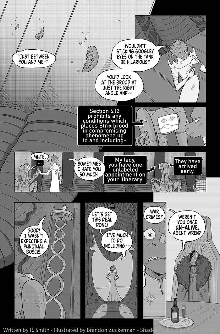 A new page!
banishedonline.com/comic/8

Written by <a href="/RyanComics/">ryancomics.bsky.social</a>
Art by <a href="/ManOrCatman/">Brandon Zuckerman</a> 
Shading by <a href="/Buboniccc/">Bubonicc</a> 

✨️Patreon✨️
patreon.com/ryancomics