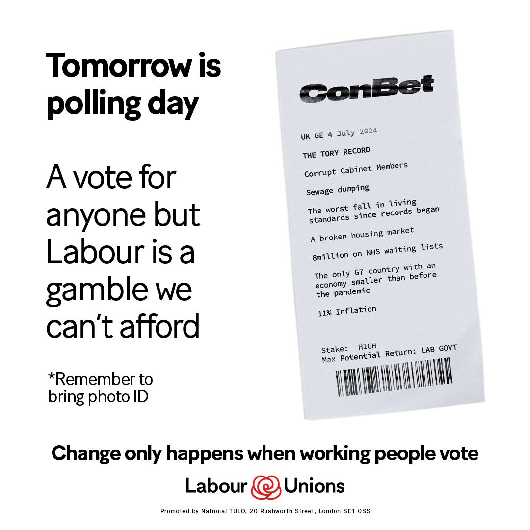 UNISON Northern Labour Link (@labour_link) on Twitter photo Despite the polls, waking up to a <a href="/UKLabour/">The Labour Party</a> government is not assured on Friday. Remember to use your vote and encourage your family, friends & colleagues to vote too! <a href="/labourunionsuk/">Labour🌹Unions</a>
#ge2024
#makeyourvotecount
#newdealforworkingpeople
#votelabour🌹 Despite the polls, waking up to a <a href="/UKLabour/">The Labour Party</a> government is not assured on Friday. Remember to use your vote and encourage your family, friends & colleagues to vote too! <a href="/labourunionsuk/">Labour🌹Unions</a>
#ge2024
#makeyourvotecount
#newdealforworkingpeople
#votelabour🌹