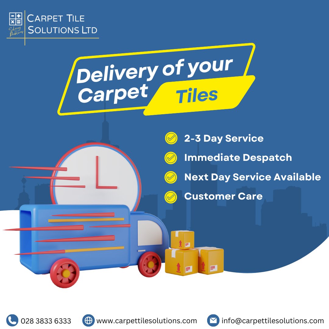 At Carpet Tile Solutions, we're dedicated to providing a high quality delivery service for all orders. 

Don’t wait any longer! Experience the top-notch customer service that over 100 of our customer’s rate 5 Stars. Contact us to order today! 
#flooring #uk #carpettiles #ireland