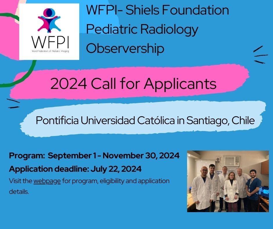 WFPI (@worldfederation) on Twitter photo Pediatric Radiology Education in Chile under the mentorship of Dr. Cristián García at the Facultad de Medicina, Pontificia Universidad Católica.
Details buff.ly/45QAaVK #SLARP <a href="/SLARPok/">SLARP | Radiología Pediátrica</a>
Application deadline: July 22, 2024
Dates: Sept 1 - Nov 1, 2024 Pediatric Radiology Education in Chile under the mentorship of Dr. Cristián García at the Facultad de Medicina, Pontificia Universidad Católica.
Details buff.ly/45QAaVK #SLARP <a href="/SLARPok/">SLARP | Radiología Pediátrica</a>
Application deadline: July 22, 2024
Dates: Sept 1 - Nov 1, 2024