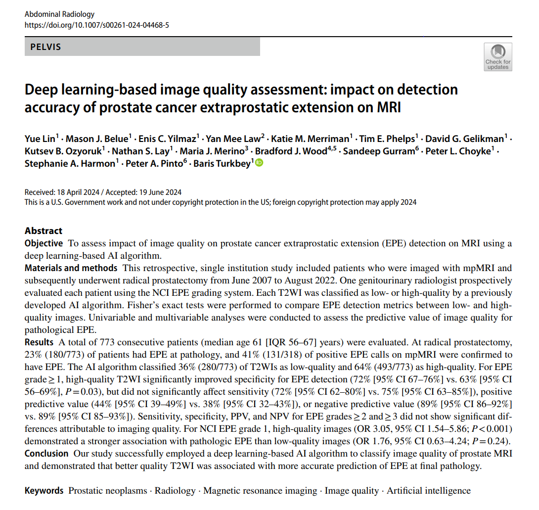 radiolobt's tweet photo. 📣I am happy to share our new publication "Deep learning-based image quality assessment: impact on detection accuracy of prostate cancer extraprostatic extension on MRI" https://t.co/x9FA12Sqbu
👍Congratulations to @yuexlin @BelueMason @eniscy @lawyanmee @davidgelikman @BradWoodMD @SandeepGurramMD @PeterPintoMD @PChoyke and our Team members for this nice work
#prostatecancer #prostateMRI #CancerResearch #TeamScience