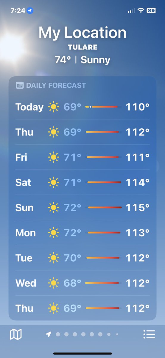 Portuguesguy's tweet photo. The forecast. 👀🤦🏻‍♂️🥵🥵🔥🔥🔥🔥🔥🔥🔥🔥.
Good grief. 😫

#California #Hell #Heat #Tulare #Julyheat #sweating #centralValley https://t.co/T88s01YsRk
