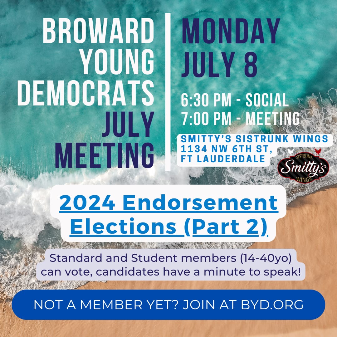 Join us for our BYD July Member Meeting! Candidates will be given one minute to speak before their endorsement election. Student and Standard members can vote (age 14-40). Must be a member by July 7 to qualify for voting. Election rules are listed on our website.