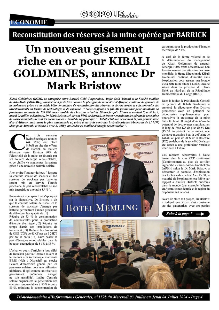 LonyoyoManyandr's tweet photo. @KibaliGold rassure son avenir en @RDC grâce à une Exploration minière réussie et ses réserves qui maintiennent sa production toujours en flèche ( dixit à @Kinshasa @MarkBristow, Président et CEO de @BarrickGold https://t.co/ZMWBTxGWDg