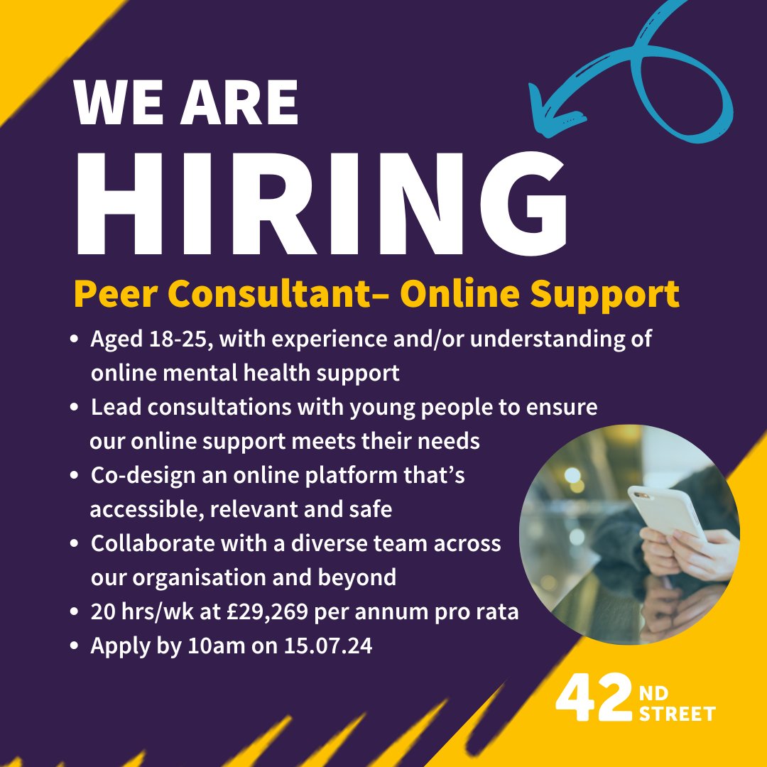 We're hiring for a Peer Consultant to join our Online Support team.⁠
⁠⬇️⁠
Find out more and apply here: 42ndstreet.org.uk/about-us/work-…⁠
⁠
#WorkWithUs #YouthSupport #MentalHealth #YouthMentalHealth #MentalHealthPractitioner #MCR #WeAreHiring #Hiring #JobVacancy #Ancoats