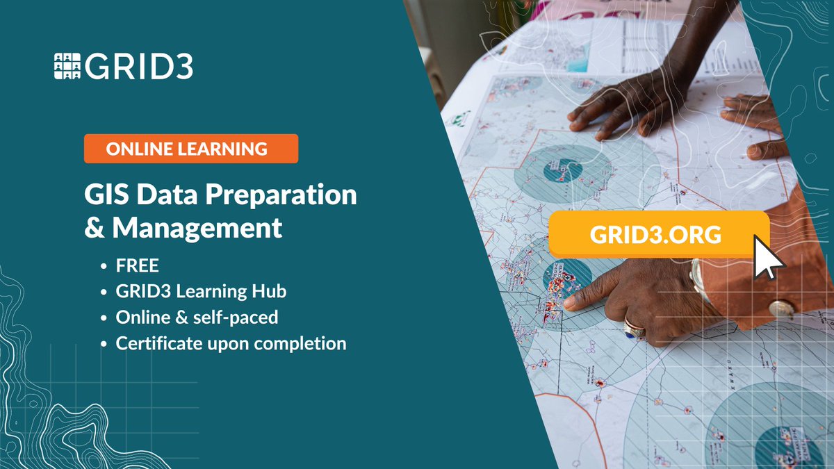 📢 ICYMI: We recently launched a #GIS #Data Preparation &amp; Management course!  
🫰Cost: FREE 
🧑‍🎓GRID3 Certification: Upon completion 
👉Register: bit.ly/3TNpykZ

Check out our other courses on the #GRID3DataHub!