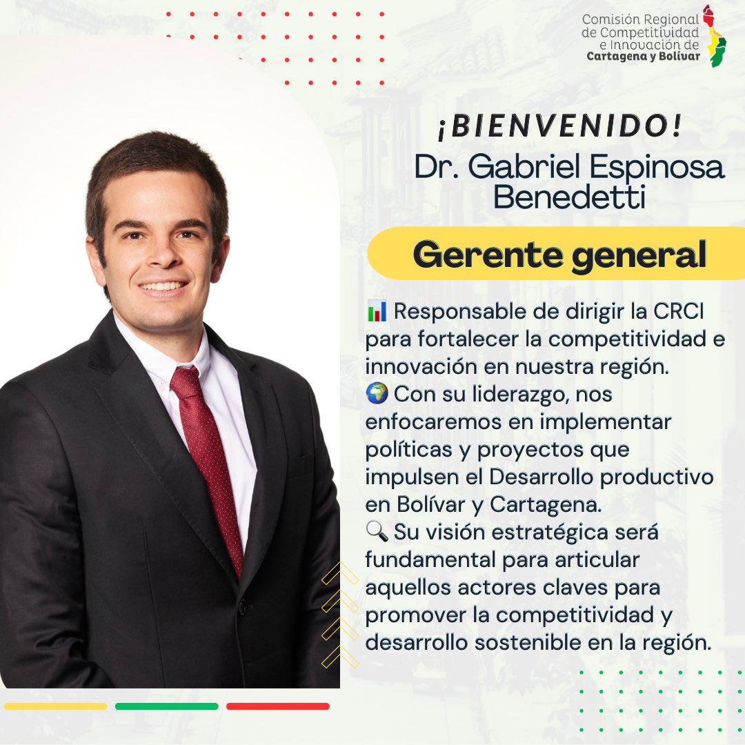 🎉 ¡Emocionados de anunciar a Gabriel Espinosa Benedetti como nuevo gerente de la CRCI!

Con gran experiencia en políticas públicas y proyectos, Gabriel impulsará la competitividad e innovación en Bolívar y Cartagena. 
¡Bienvenido a bordo! 🎊

#Gerente #Cartagena #Competitividad