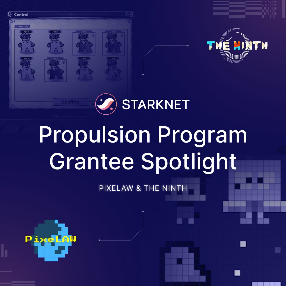 StarknetFndn's tweet photo. 🎮 Propulsion Program Spotlight
🔥 Meet two of the grantees
🧵 @0xPixeLAW &amp; @ninth_gg https://t.co/tu4bzbhLOr