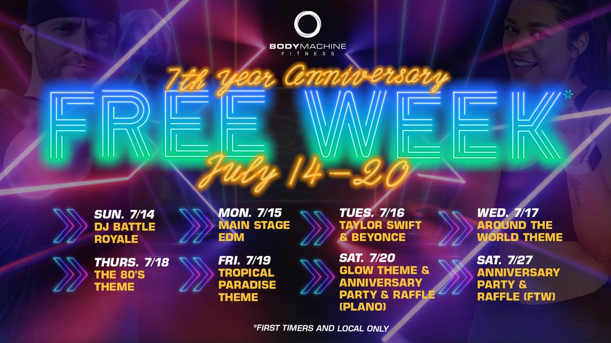 Join us for a ⭐FREE WEEK⭐ at #BodyMachineFitness filled with iconic theme classes and epic celebrations! 🥳

Don't miss out on the ultimate workout party — let's make some noise and create unforgettable workouts together! 🎉 bodymachinefitness.com/locations/

#planotx #ftw #groupfitness