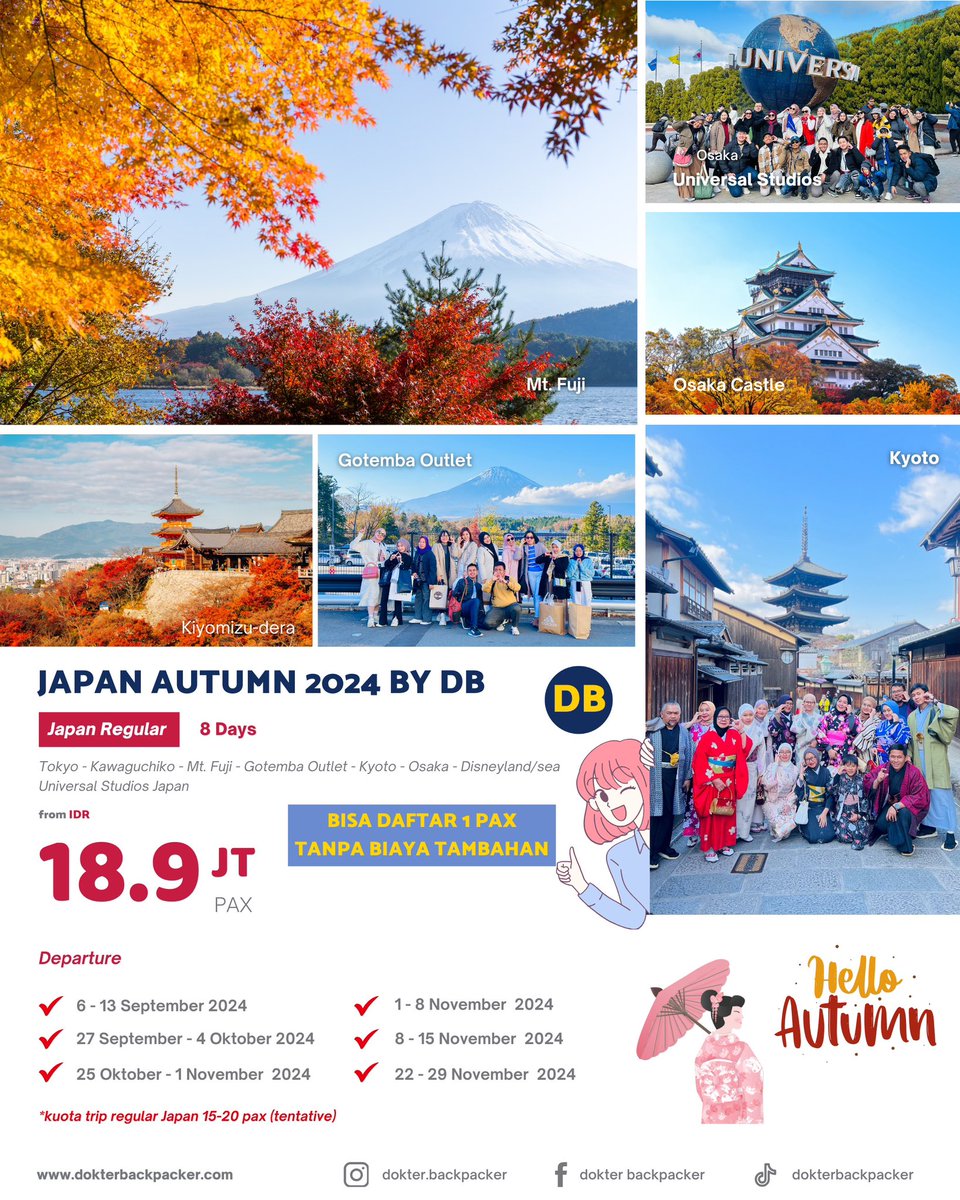 dok_backpacker's tweet photo. MUSIM TERBAIK KE JEPANG SAAT AUTUMN 🍁 Engga dingin banget tapi ngerasain pakai outfit musim dingin ⛩️ YUKK DAFTAR 🫶🏻 Dengan PENAWARAN TERBAIK ini dipastikan Kamu bakal puas 🥰

 MORE INFO
WhatsApp : 0811-1213-885
Instagram : @dokter.backpacker
Facebook : dokter backpacker https://t.co/xHuU2n8XfJ