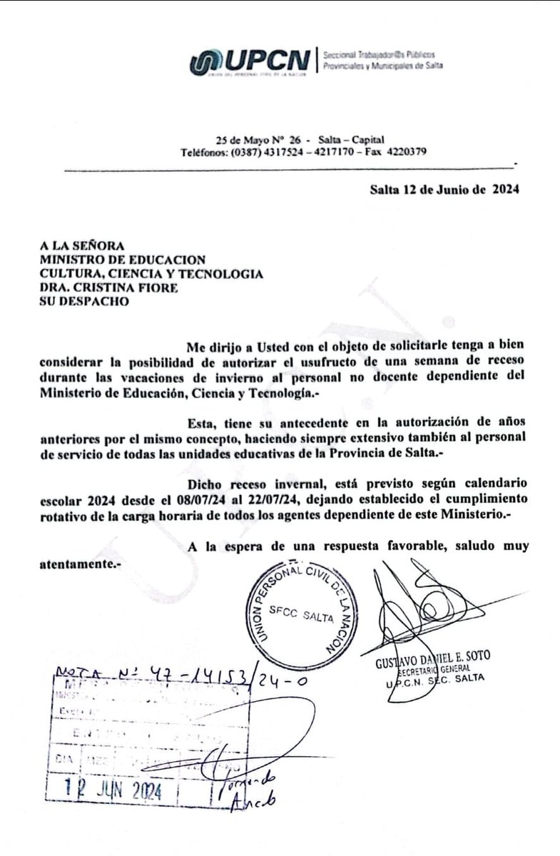 UPCNSalta's tweet photo. El Ministerio de Educación publicó la Resolución N° 1145
autorizando la rotación por el receso de invierno para el sector No docente.
Realizamos el pedido el día 12 de Junio a la Ministra de Educación Dra. Cristina Fiore Viñuales, y en el día de ayer se autorizan de https://t.co/1WBohT88ft