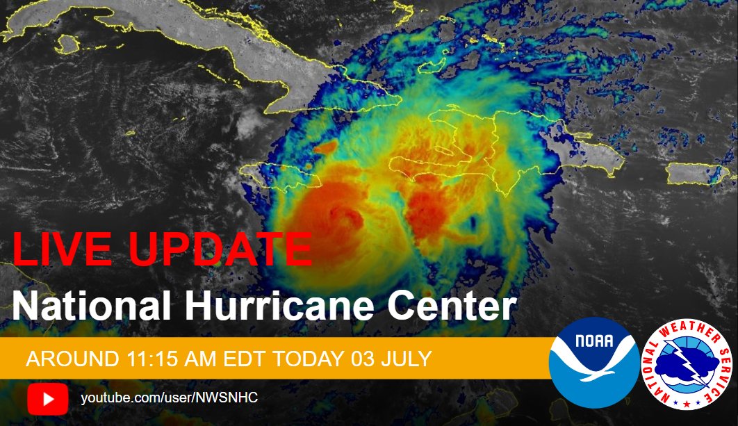 The NHC Director Dr. Michael Brennan will provide a live update on Major Hurricane #Beryl around 11:15 AM EDT. Please join us on Facebook Live and our NHC YouTube Page at: youtube.com/user/NWSNHC

Full details of the latest forecast at: hurricanes.gov/#Beryl