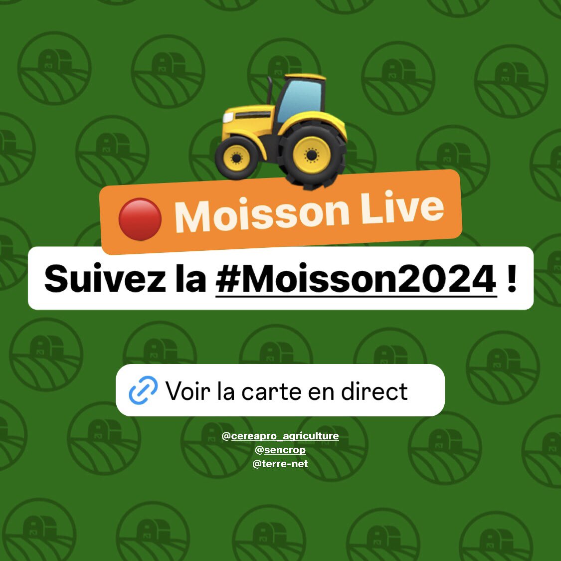 Suivez cette année encore la #Moisson2024 en direct 🔴 grâce à notre initiative moisson-live.com !

Merci à nos partenaires <a href="/cereapro/">Cereapro.com</a> <a href="/sencrop/">Sencrop, la météo connectée à vos cultures 🌡️❄️🌦</a> et <a href="/TerrenetFR/">Terre-net.fr</a> 

#agriculture #FrAgTw