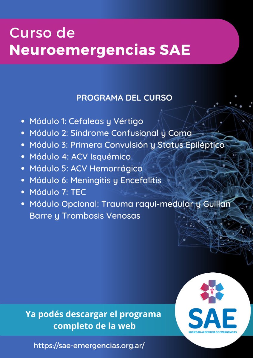 La Sociedad Argentina de Emergencias informa el lanzamiento del curso de Neuroemergencias 2024.

Destinado a: médicos interesados en el manejo de la Neuroemergencias, clínicos, ER, neurólogos y especialidades críticas.

Toda la información en: bit.ly/3XNlNzq
