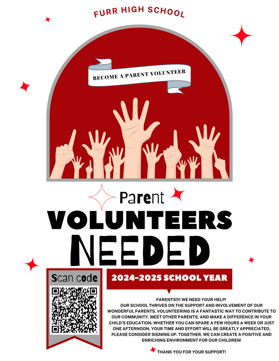FurrHS's tweet photo. Parent Volunteers Needed for the 2024-2025 school year.  Sign up today!   #community #brahmans #volunteer #support #dedication #committment #positive #student #success #AcademicExcellence https://t.co/NLOfVp2skZ