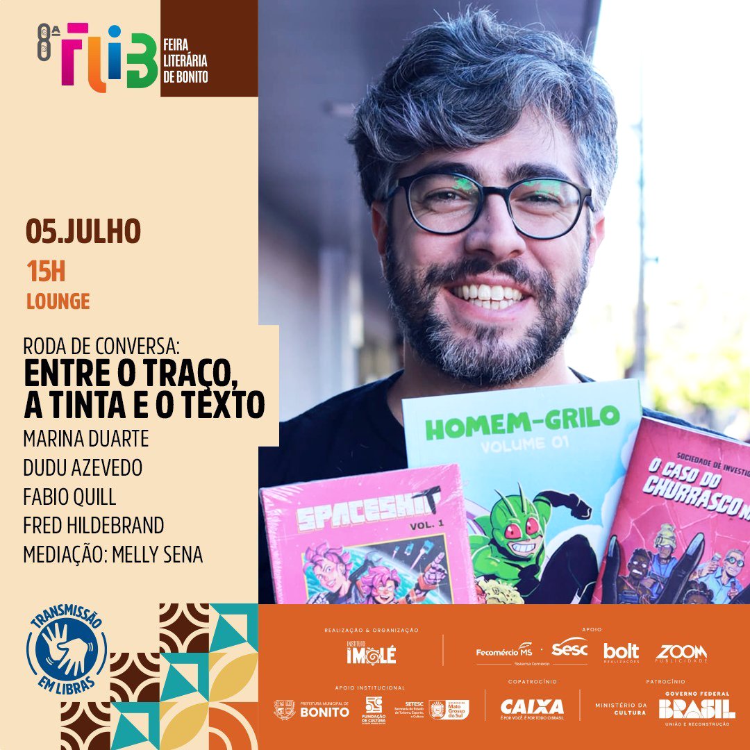 fredehildebrand's tweet photo. A partir de hoje, começa a Flib - Feira Literaria de Bonito, no Mato Grosso do Sul! Estarei por lá com meus colegas quadrinistas, Marina Duarte, Dudu Azevedo e Fábio Quill, no estande dos quadrinistas e para uma mesa de conversas sobre quadrinhos. =D

@flibonito https://t.co/2VI2VkwIgZ