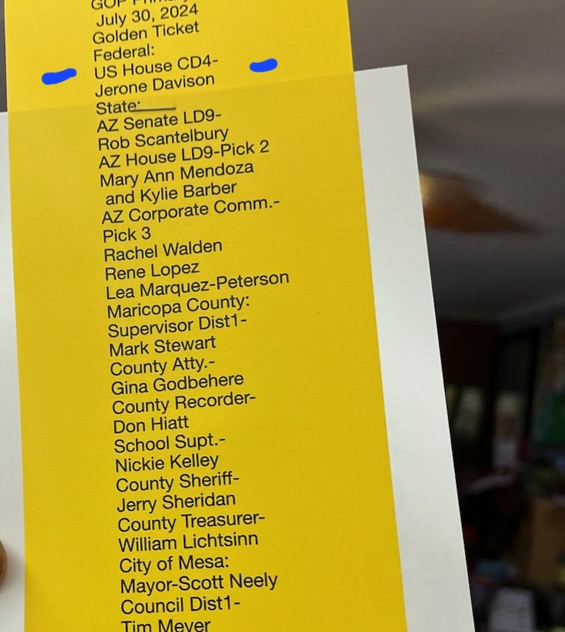 Jerone4Congress's tweet photo. Team Davison is on Golden Ticket number five without asking or any coercion. The people want a true rep, with a passionate message who puts them first. I promise to put Arizonans/Americans before foreign wars, illegals, and/or climate agenda. 

Ask Arizona to Vote #JeroneDavisonforCongress  #azcd4