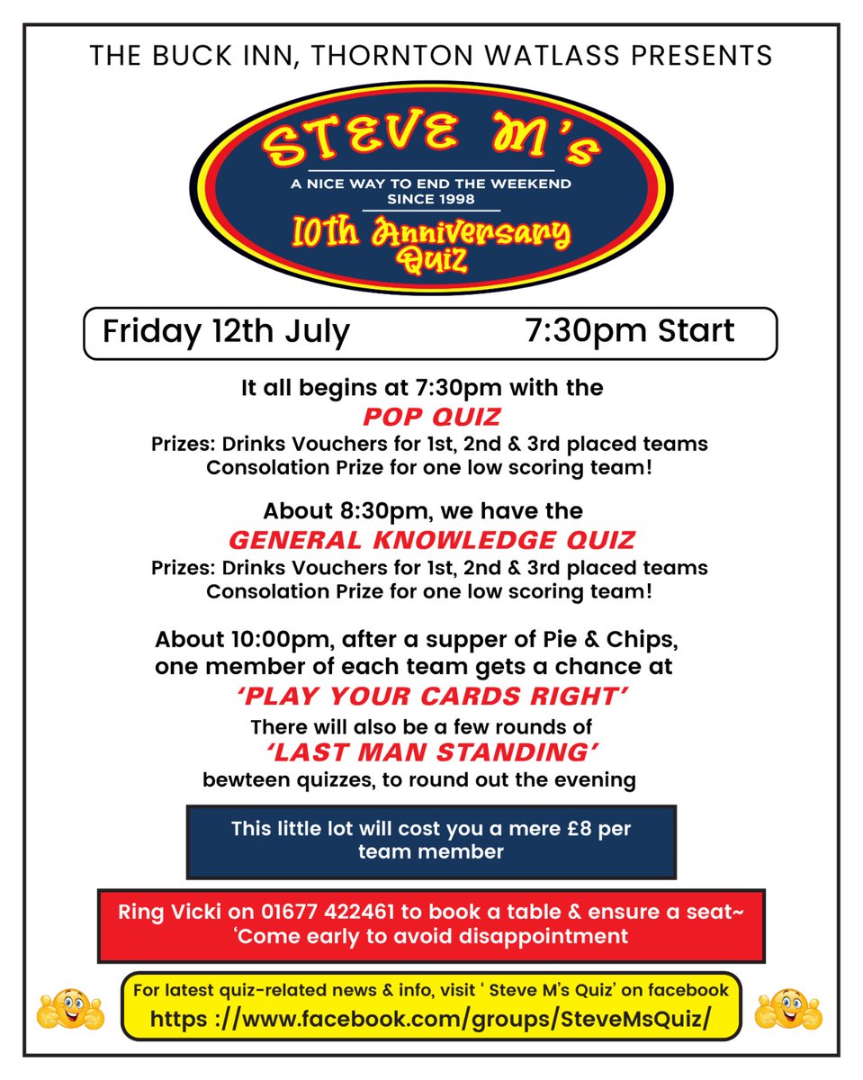 Steve's #quizes are always popular so we recommend booking a table in advance.