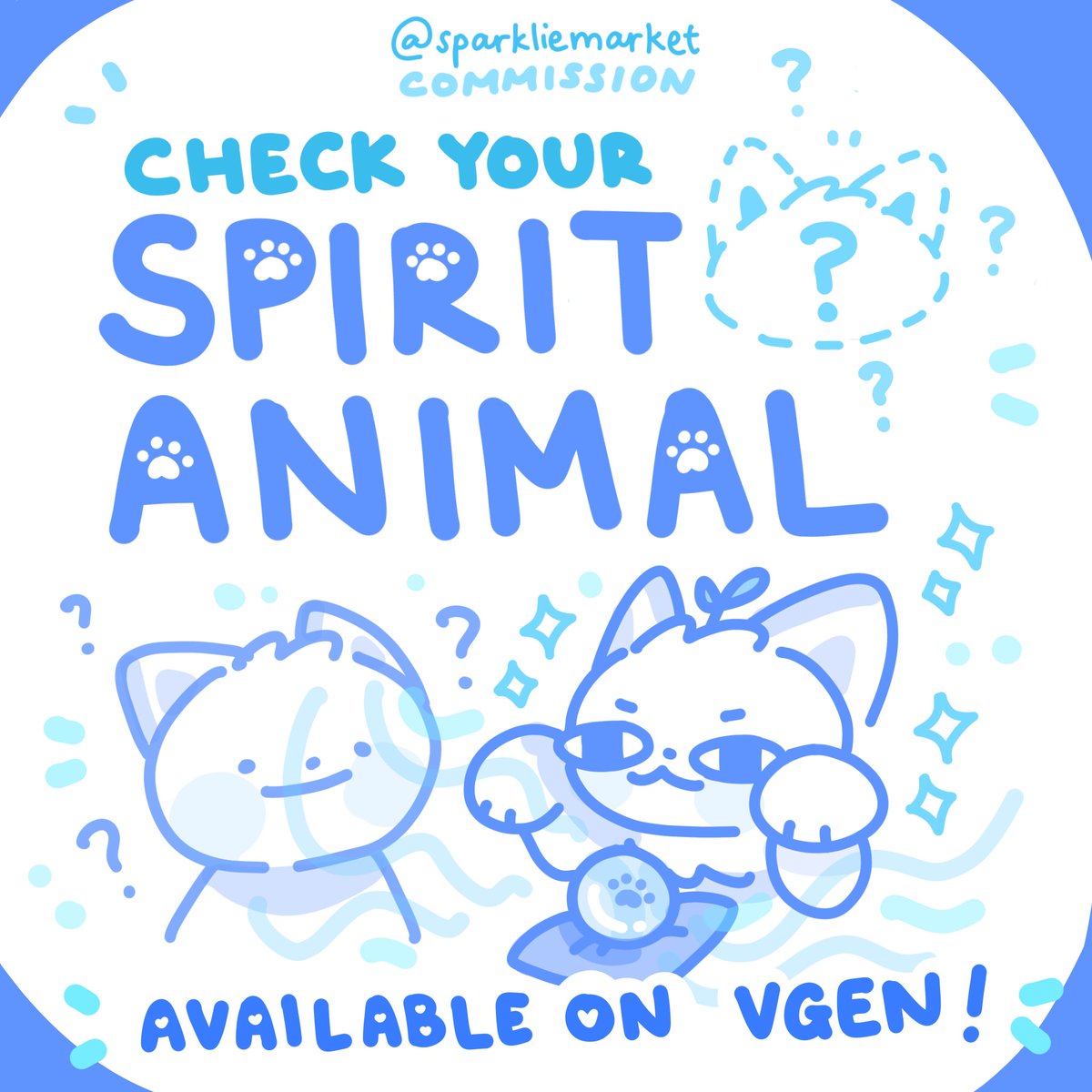 [RTs and shares are appreciated🫶] 
#commission #fursona #opencommission #VGenComm 
.
DO YOU WANT TO KNOW YOUR TRUE FORM? THE SECRET IDENTITY INSIDE OF YOU? THE ONE CUTE LIL GUY THAT KEEPS YOU GOING ON?🐱👆🫧
.
CHECK THIS LINK BELOW TO REVEAL🧙
🐺 vgen.co/sparkliemarket 🫐